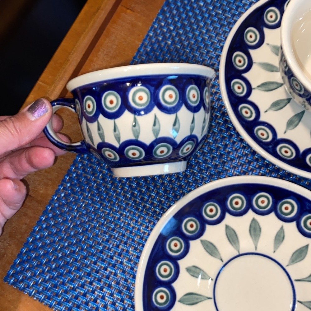 8 piece set Polish Pottery cups and saucers, Boleslawiec, Peacock pattern - Picture 4 of 6